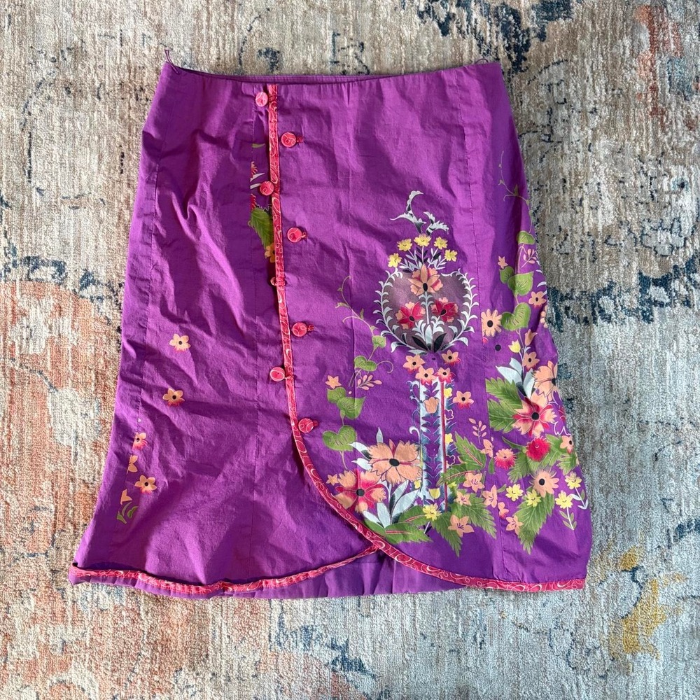 Odille Anthropologie Purple Floral Midi Skirt Button Front Pockets Y2K Size 6